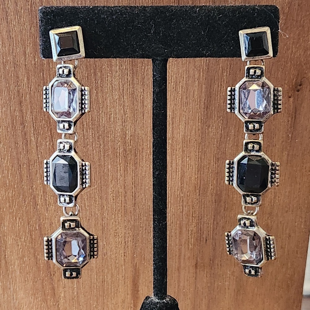 Black Lavender Crystal Art Deco Drop Earrings Silver Tone Geometric‎ 2.75"